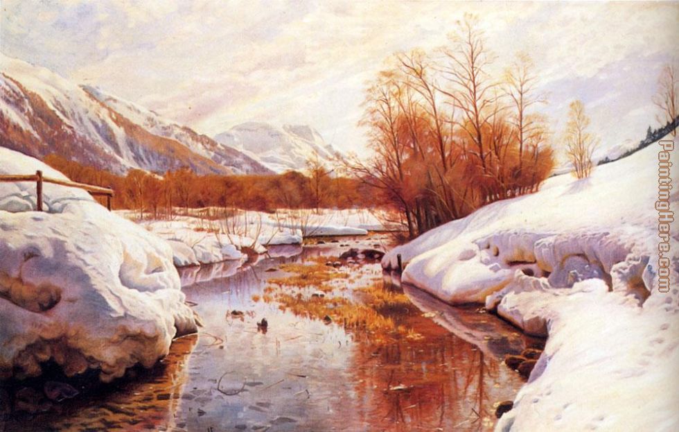 A Mountain Torrent In A Winter Landscape painting - Peder Mork Monsted A Mountain Torrent In A Winter Landscape art painting